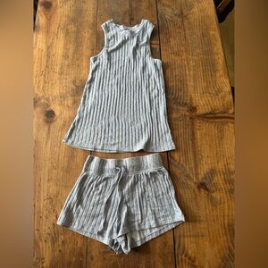 Light Blue Gray Ribbed Tank Top and Shorts Pajama Set